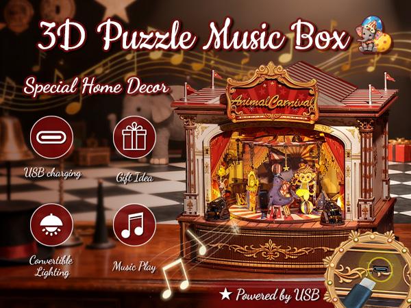 CUTEBEE DIY 3D Puzzle Kit Animal Carnival – Wooden Rotating Miniature Theater Music Box with LED Light, Handmade Creative Home Decor | Holiday, Christmas and Black Friday Gift