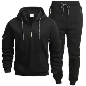 Men's Hooded Half-Zip Sportswear Set, Black Series, Utility-Style Pockets are Super Practical