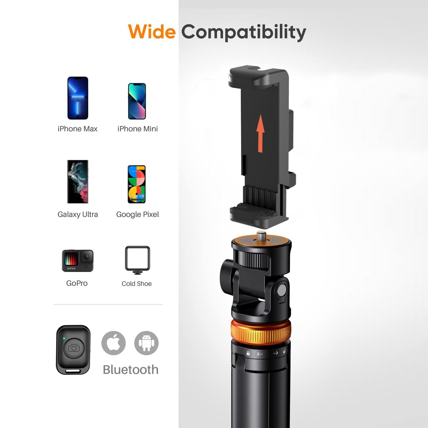 62" Phone Tripod: Your Go-To Stand for iPhone/Android, Complete with Selfie Stick Functionality and Remote Control. Reinforced Stability for iPhone 15/14/13, Perfect for On-the-Go Adventures