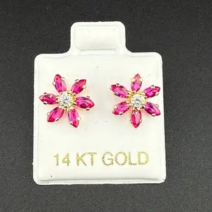 14k gold pink flower earrings