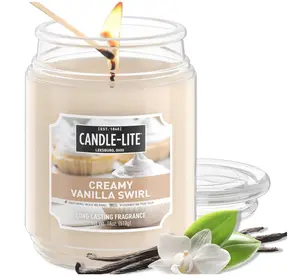 Candle-lite Fall Scented Candles, Creamy Vanilla Swirl, 18 oz Jar, Proudly Poured in The USA, Aromatherapy Candle, Single-Wick with 110 Hours of Burn Time, Perfect for Creating a Relaxing Ambiance