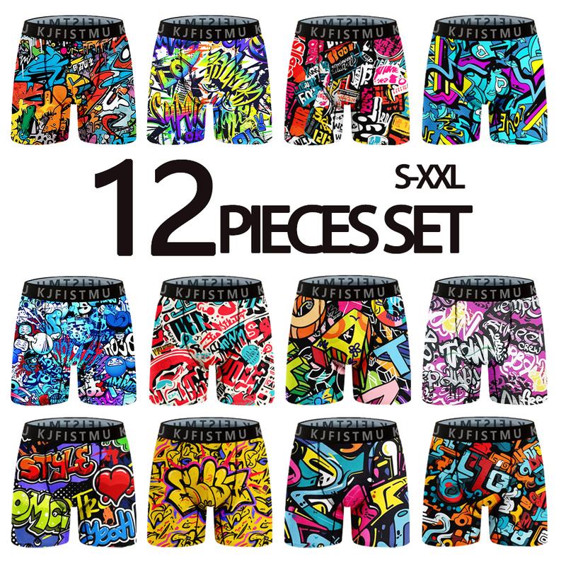 KJFISTMU 12-piece set of men's boxer briefs with stylish printed patterns, long-length men's boxer briefs, soft and breathable, trendy graffiti sports underwear, men's underwear, cycling shorts Men's Clothing Set Fabric Menswear