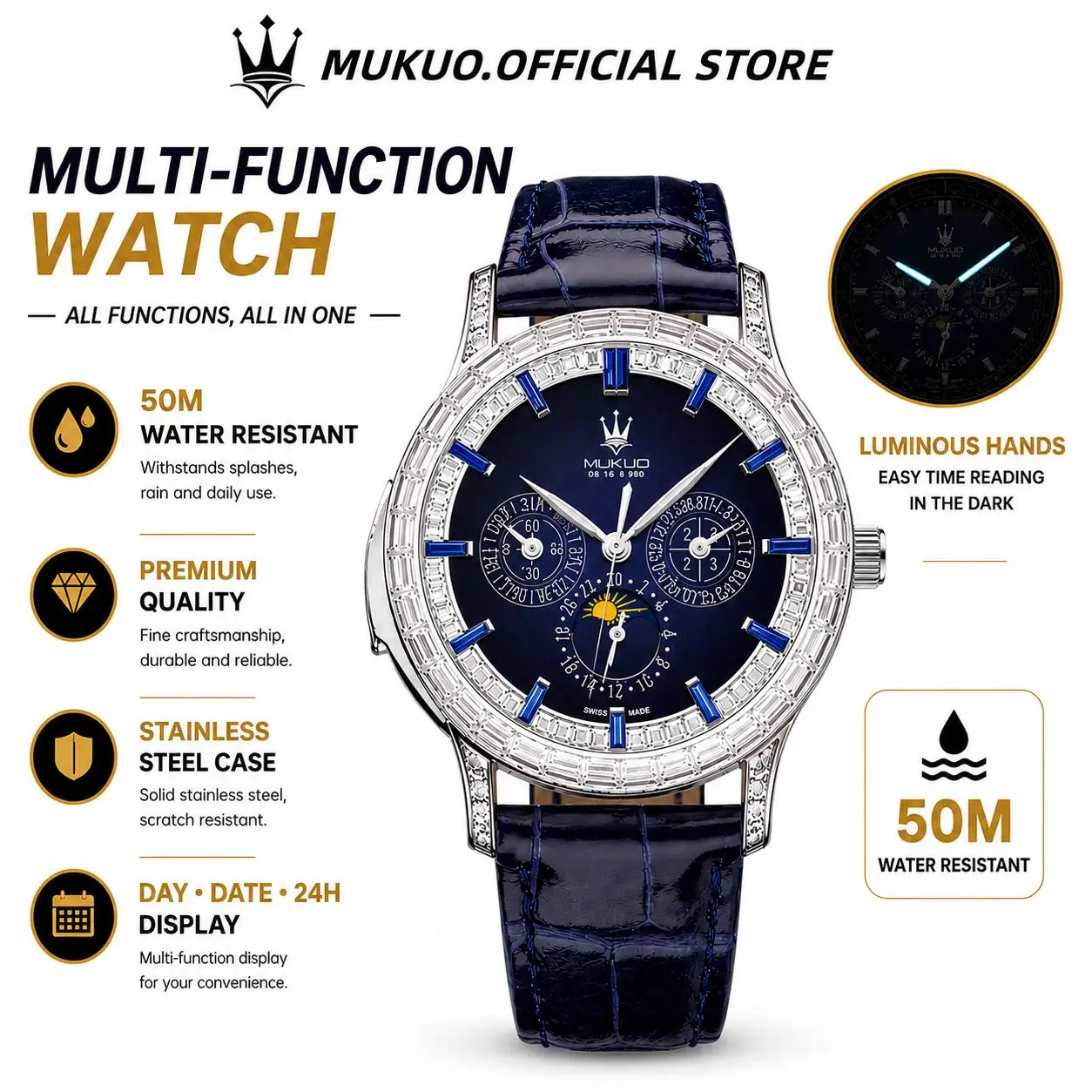 [100% Original] MUKUO Men's Exquisite Fashion Waterproof High Quality Multifunction Wristwatch - Stainless Steel, Luminous Dial, Exclusive Luxury Watch, Exquisite Watch
