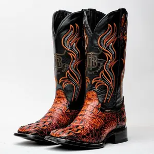 Cognac Caiman Neck Leather Boots - Square Toe Cognac Caiman Neck Leather Boots - Square Toe