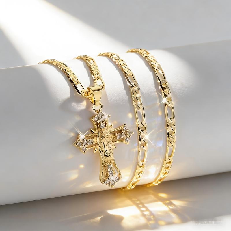 14K Gold-Plated Jesus Cross Pendant Necklace with Sparkling Accents Elegant Religious Jewelry for Thanksgiving Graduation Gifts and Daily Wear