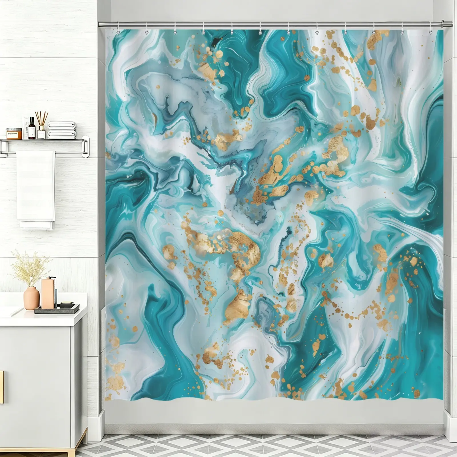 Modern Luxury Teal Turquoise Marble Shower Curtain, Gold Foil Fluid Ink Abstract Art Bath Curtain, Waterproof Fabric Bathroom Shower Curtain Set With Hooks For Home Decor