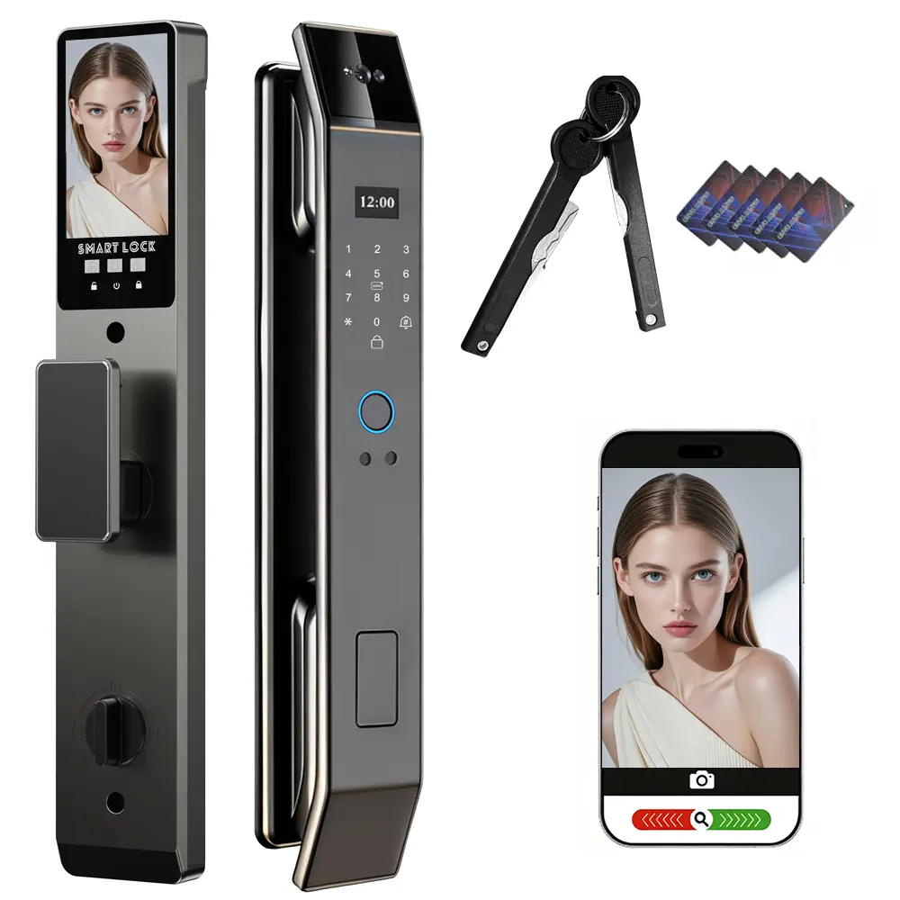 3D Face Recognition Digital Lock - Alloy Body Electronic Code Lock with Camera, Intercom, Doorbell, Fingerprint Keyless Entry, Password, IC Card, Key, Tuya App Control, Night Vision for Home Users to See at Night, Front Door Smart Home Security Hardware