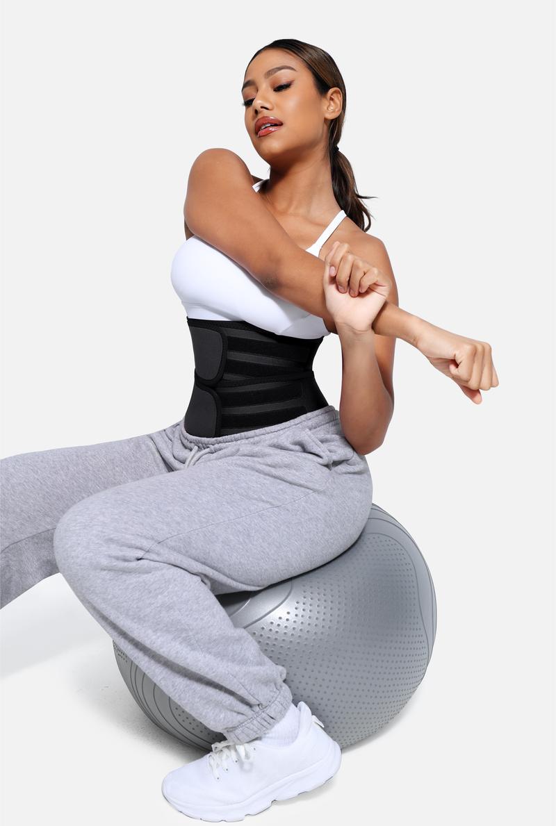 FeelinGirl Women Long Torso Sauna Workout Double Belts Neoprene Sports Waist Belt Corset Waist Cincher Zipper Trimmer Womenswear