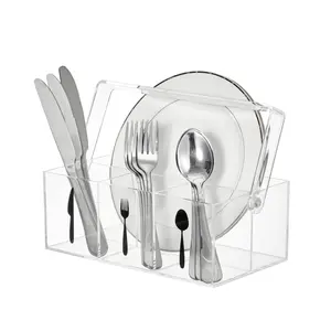 Garvee Acrylic Utensil Organizer with Handle, Plastic Cutlery Organizer and Cutlery Holder, Paper Plate Dispenser for Kitchen Countertop, Parties, Outdoor Picnic Last