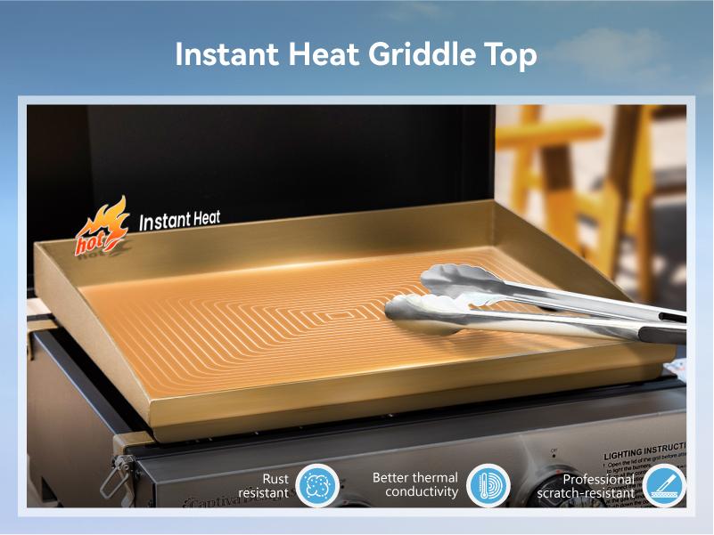 Kitchen Academy 27 Inch Flat Top Grill with Ceramic Coated Cast Iron Pan, 3-Burner Propane Gas, Nonstick Design, Stainless Steel Barbecue Home Food Kitchenware