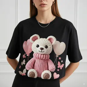 Women Short Sleeve T-Shirt With Cute Bear & Balloon Graphic Print