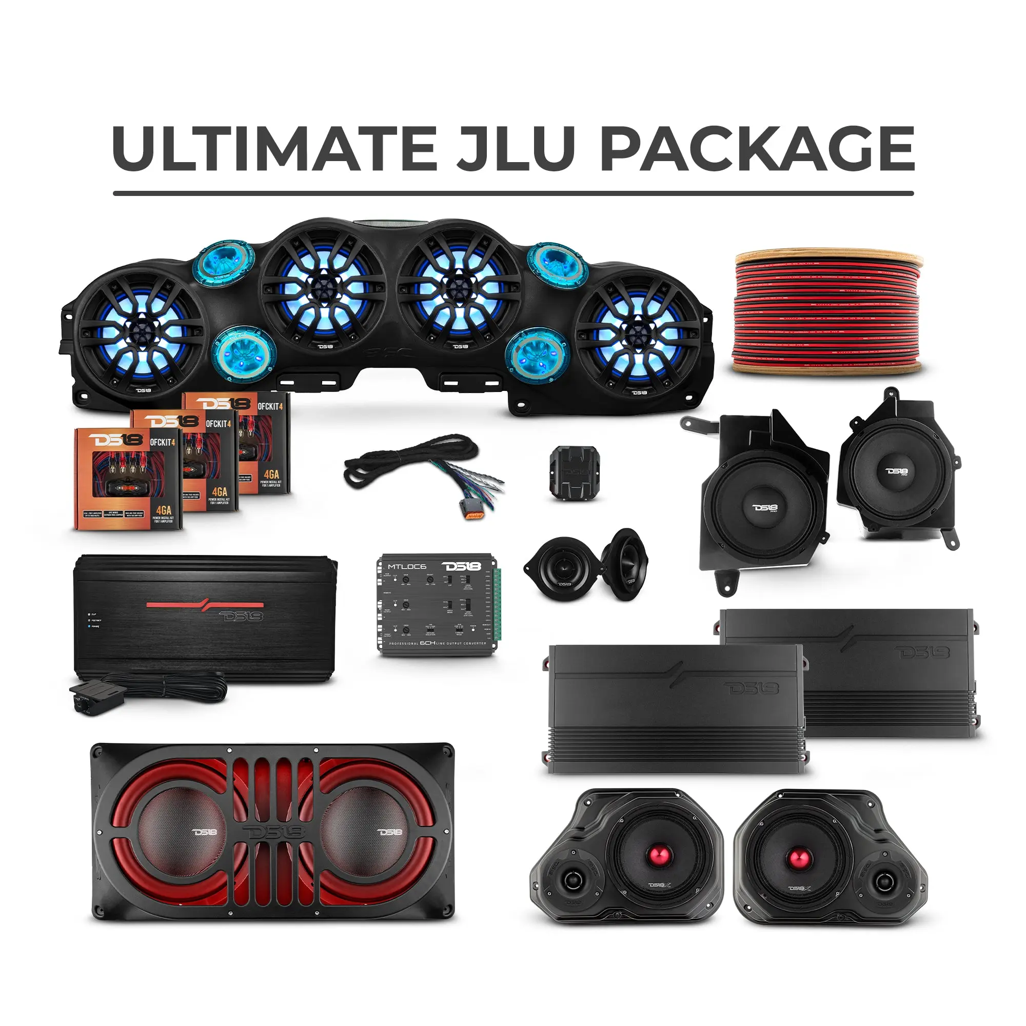 DS18 Ultimate JL/JLU Car Audio Full Set Package for 2018-2023 Jeep JLU - Custom Copper Wire Bass Speakers, Loaded Aluminum Sound Bar, Front Component Speakers, Door Panels, Subwoofers, Amplifiers, RGB Lights, Bluetooth Controller, 150a Fuse Kit