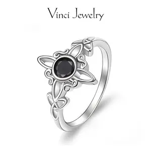 925 Sterling Silver Witch Knot Ring Celtic Trinity Knot Ring for Women, Witches Pagan Wicca Moon Irish Celtic Jewelry, Nudo de Bruja Plata 925 Original, Hecate Goddess of the Moon, Black CZ Dark Fantasy, Protection and Mysticism Amulet Gift for Girls