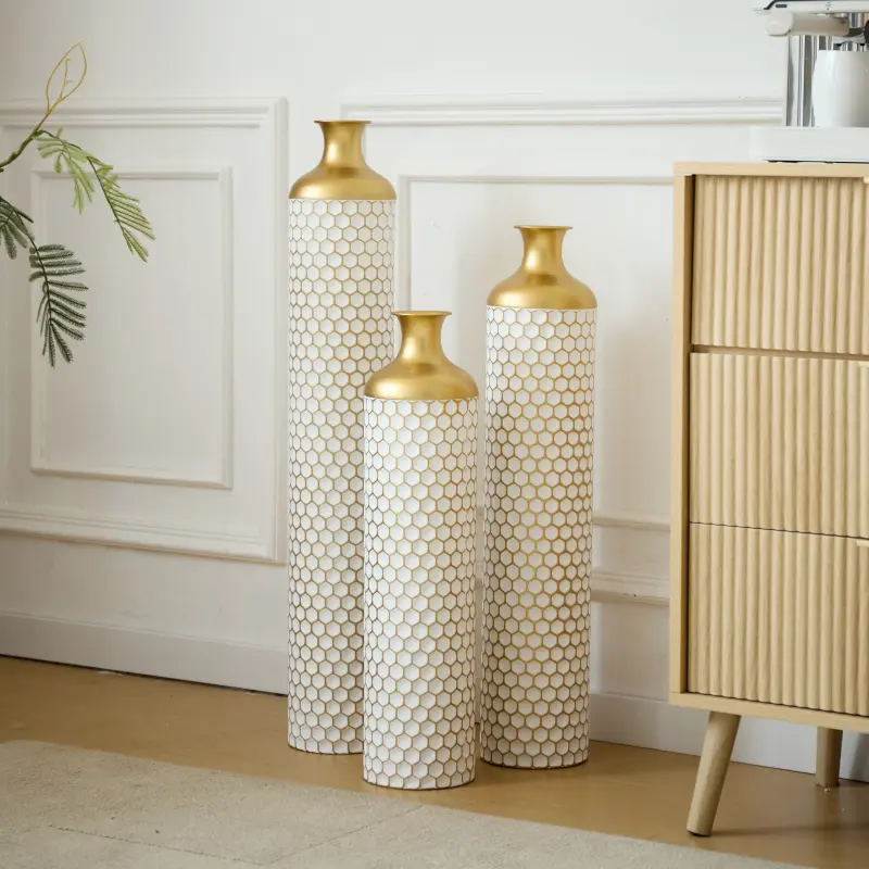 3-Piece Tall Modern Droplet-Shaped White Glaze Glossy Polished Metal Floor Elegant Vases Set, Indoor Furniture, Glam Home Decor Accessory, 15.2 lbs Gold-Accent Display Centerpieces, Decoration, Floor Vase