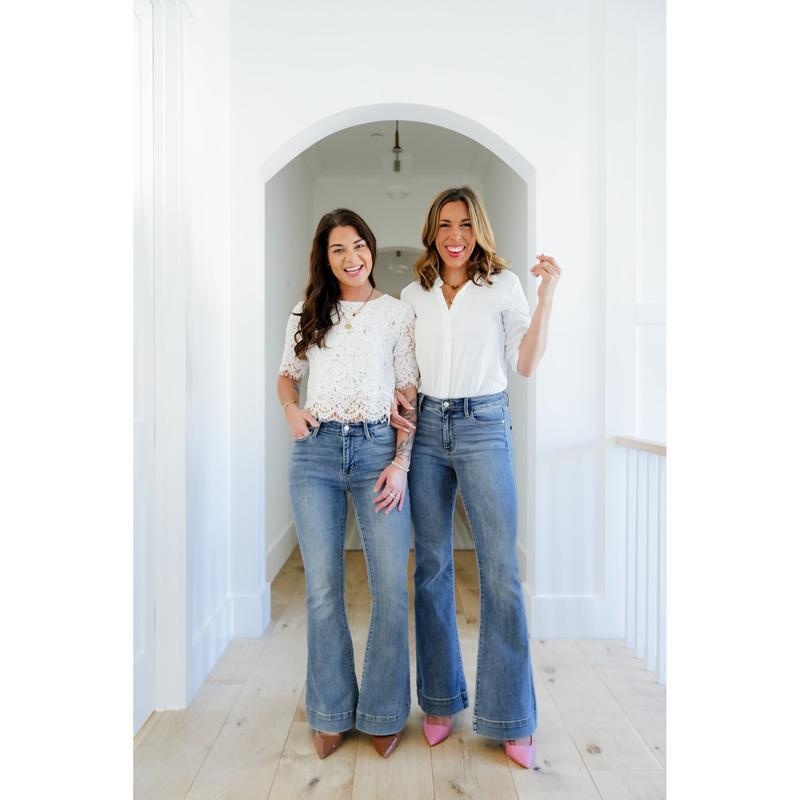 Multi-Inseam Mid-Rise Medium Wash Trouser Flare Jeans