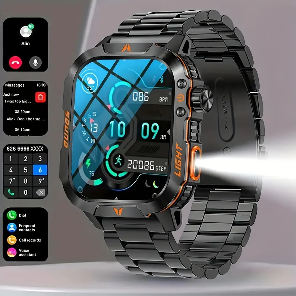 Men's Military Smart Watch - IP68 Waterproof, Compass, Call Answering/Making, Heart Monitor, Fitness Tracker, Compatible with Android & iOS, Hiking, Gifts for Boyfriend, Mens Gifts, Adults' Accessories
