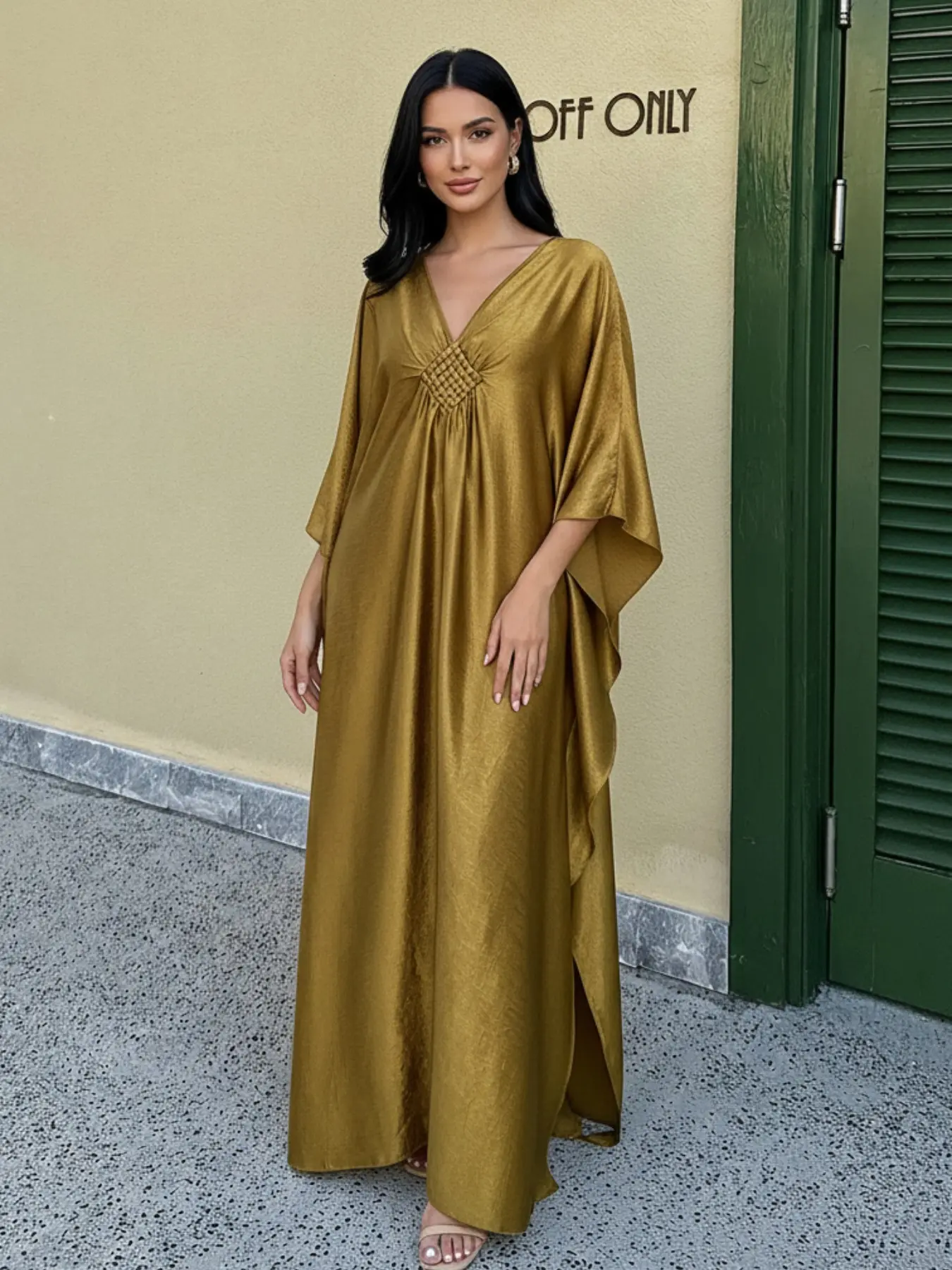Women's Metallic Batwing Sleeve Kaftan Maxi Dress, Elegant Long Sleeve V Neck Caftan Dress for Evening Formal, Ladies Clothes for All Seasons, Kaftan Dresses