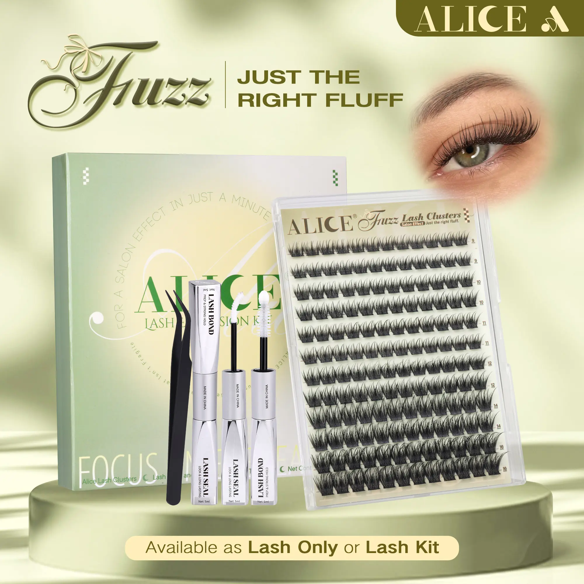 ALICE FUZZ Nature Lash Cluster Kit, DIY Easy Full Look Wispy Fluffy CD Curl Lash Extensions (9/10/11/12/14/16mm) with Long-Lasting Bond & Seal and Tweezers