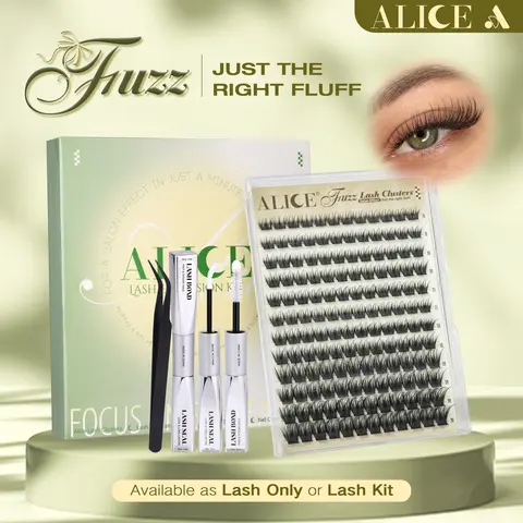 ALICE FUZZ Lash Cluster Kit, DIY Wispy Volume CD Curl Assorted False Eyelashes (9/10/11/12/14/16mm) with Long-Lasting Bond & Seal, Tweezers – Makeup Cluster Lashes Kit for Full Look, Assorted False Eyelashes & Adhesives