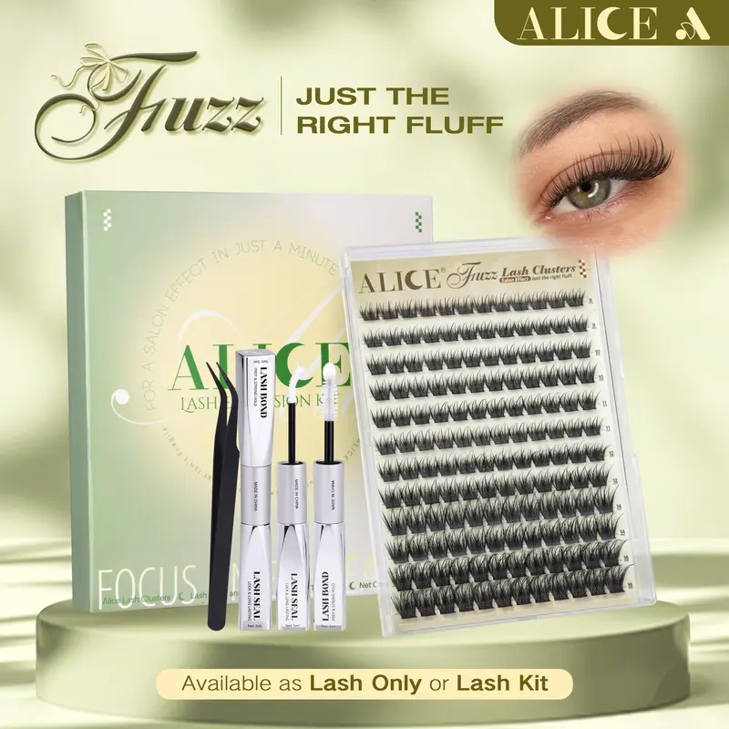 ALICE FUZZ Lash Cluster Kit, DIY Wispy Volume CD Curl Assorted False Eyelashes (9/10/11/12/14/16mm) with Long-Lasting Bond & Seal, Tweezers – Makeup Cluster Lashes Kit for Full Look, Assorted False Eyelashes & Adhesives