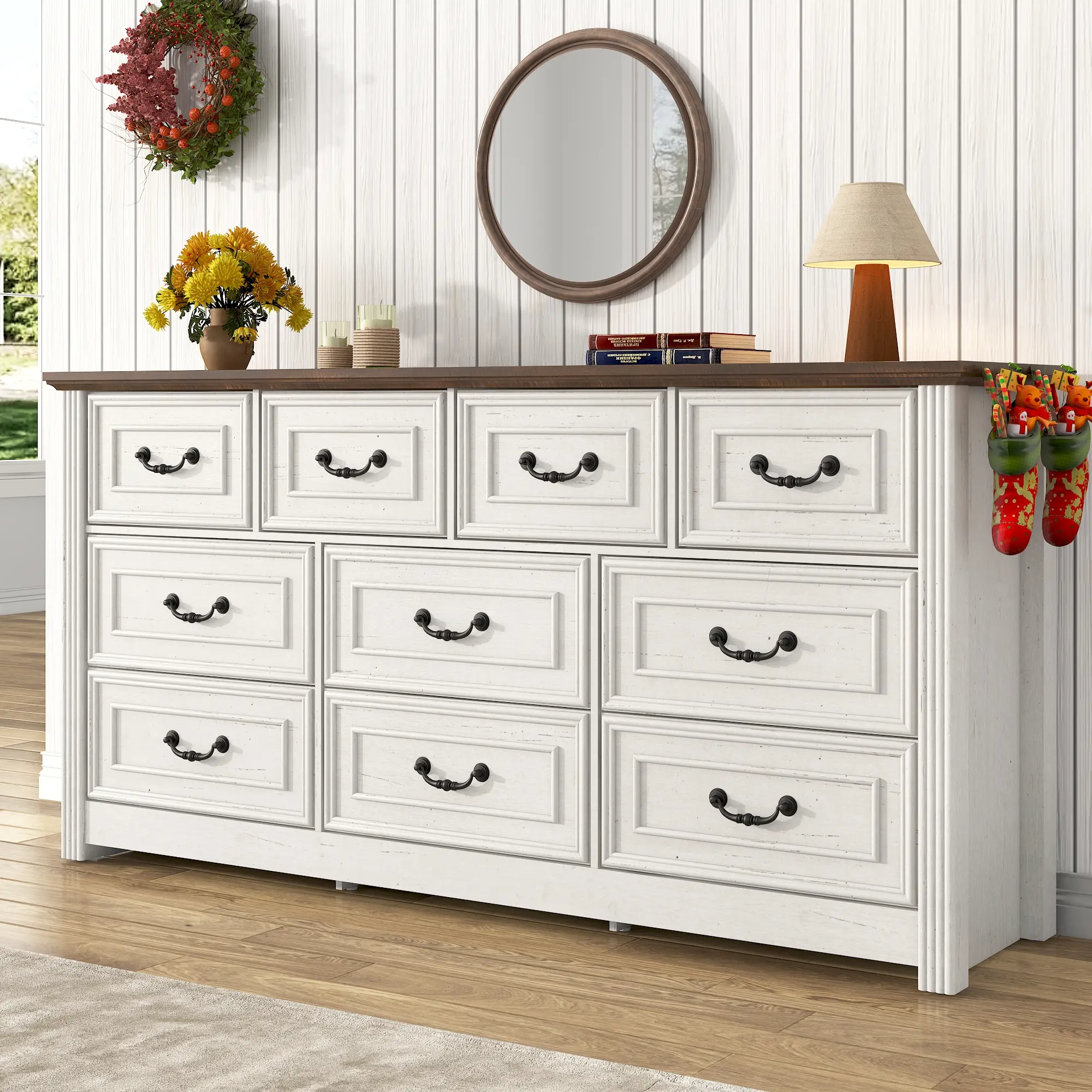 Retro Farmhouse Wooden Clothes Storage Cabinet - 63/47.2in, 10/7 Drawers Bedroom Dresser with Rustic Handles, DIY Room Storage Home Decor Indoor Furniture Organizer (Assembly Required), Drawers For Bedroom