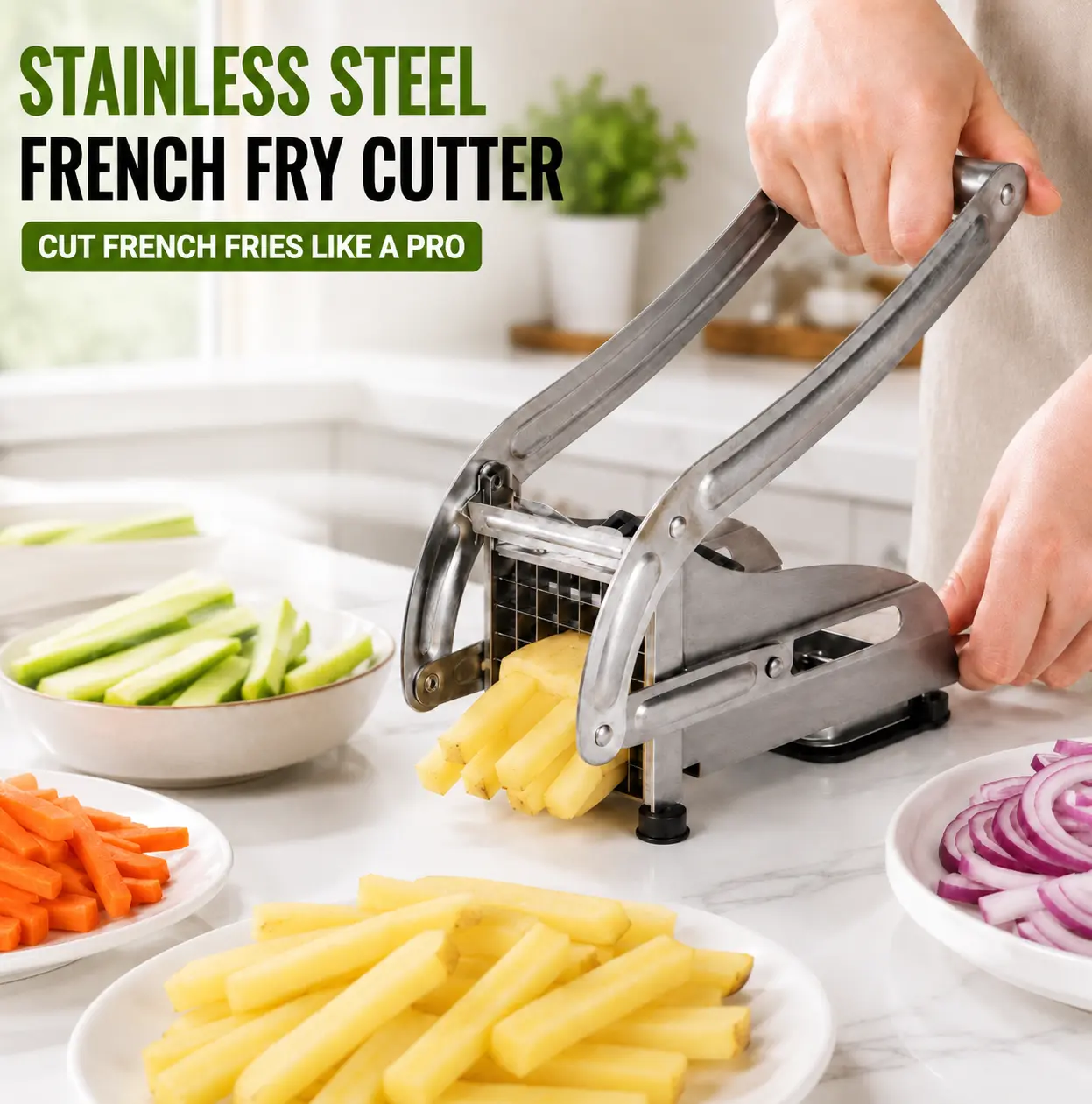 MIUVA Stainless Steel Manual French Fry Cutter - Multifunctional Food Tool with 36 & 46 Hole Blades, Suction Cup Base for Potatoes, Carrots, Food Prep, Side Dishes, Soups (Kitchen Accessory, Veggie Cutter)