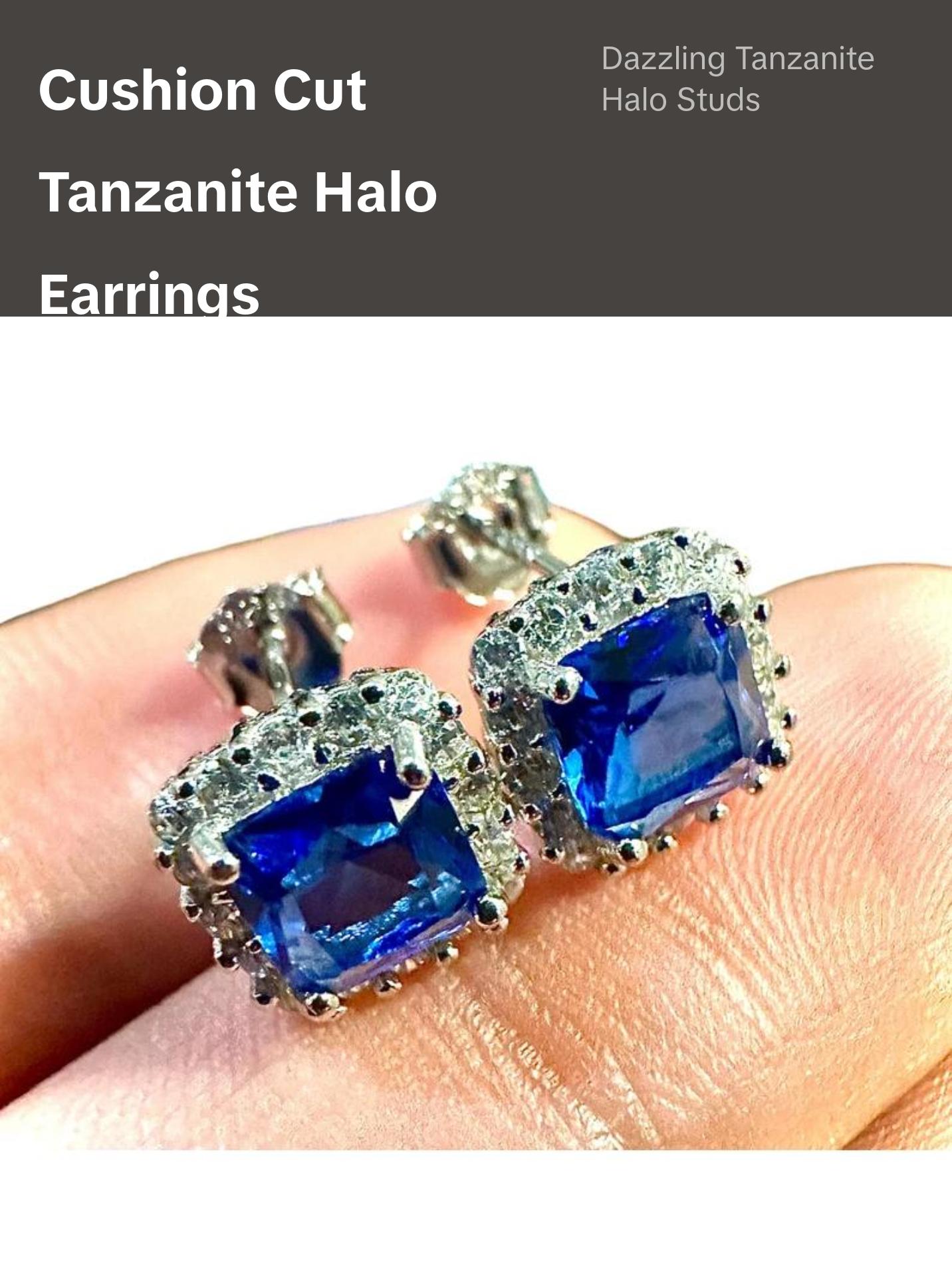 Cushion Cut Tanzanite and White Topaz Halo Studs 925 Sterling Silver Earrings