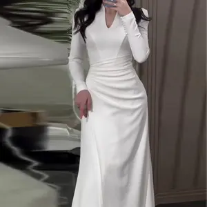 2025 new solid color slim style pleated long sleeve dress