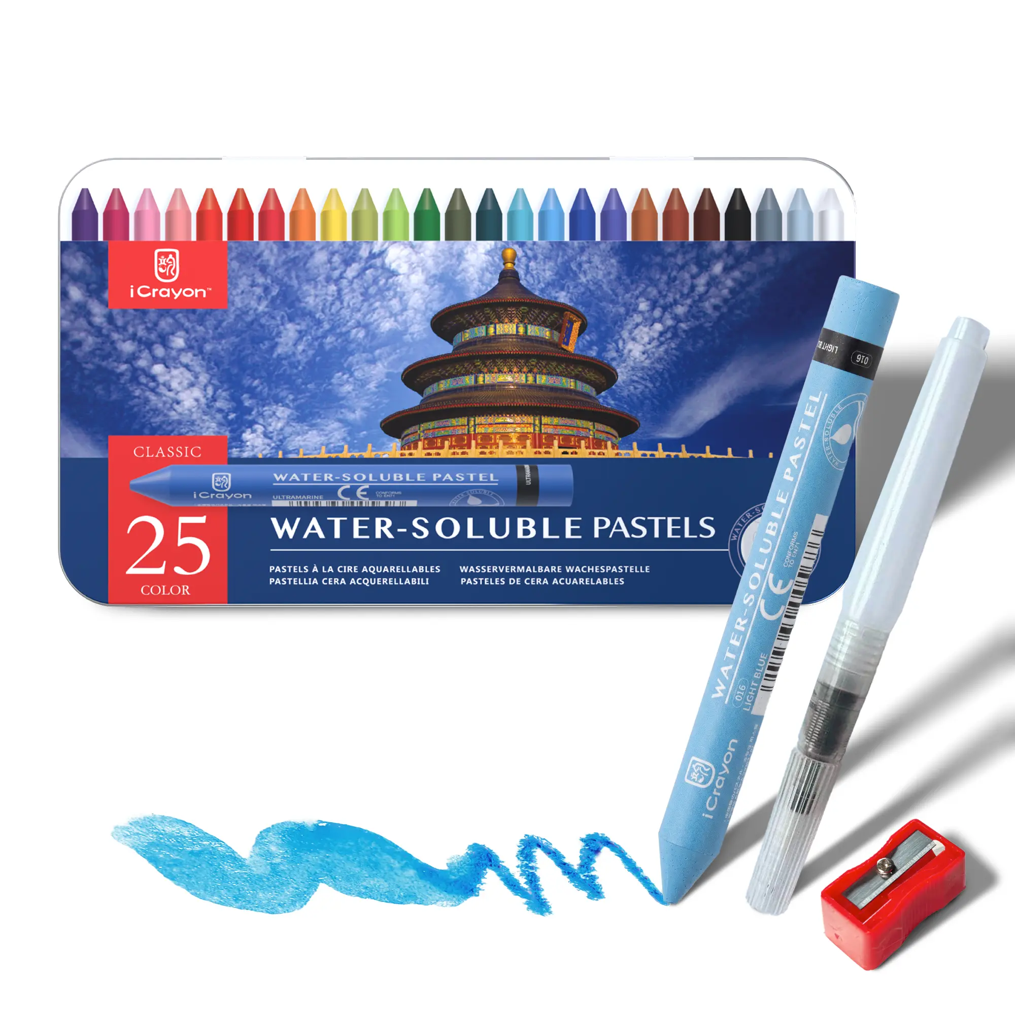 5-in-1 Water Soluble Pastels Art Craft Supplies Kit - Beginner Friendly, Travel-Ready for On-the-Go Art, Includes Sharpener, Palette, Brush & Water-Soluble Pigments for Wet Blends