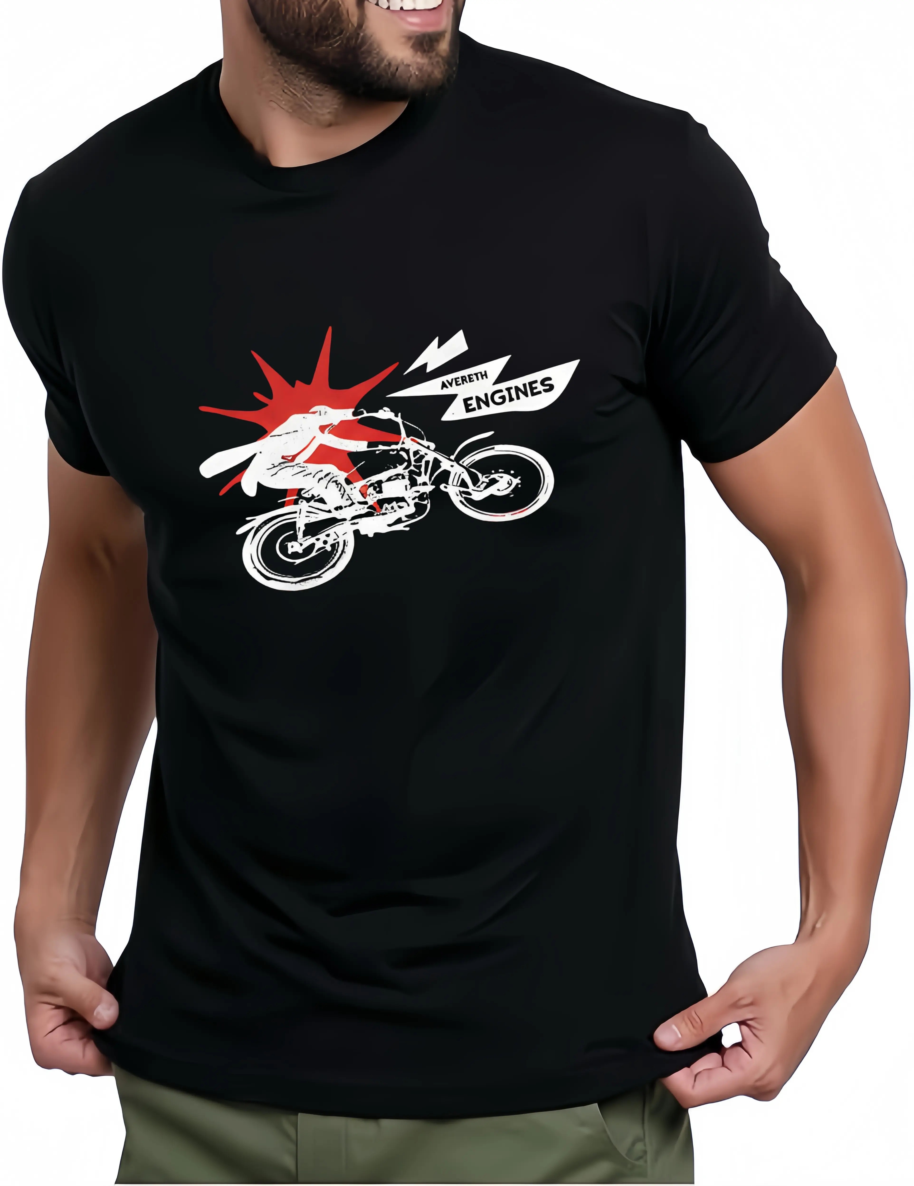Men's Black Crew Neck Cotton Short Sleeve T Shirts Vintage Distressed Chopper Motorcycle Rider Red Burst Lightning Avereth Engines Graphic Tees Biker Retro Motorbike Loose Casual Rider Gift Tops KT1587