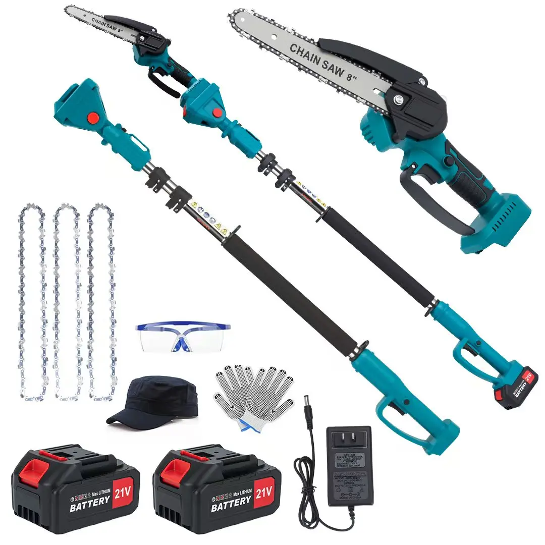 2-in-1 Cordless Lithium Pole Chainsaw, Telescopic High Branch Cutting Saw with Extra Chains & 2PCS 21V Batteries