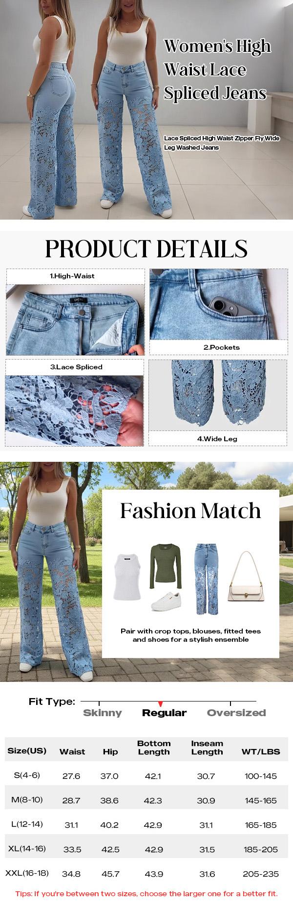 ChicMe Guipure Lace Spliced High Waist Zipper Fly Wide Leg Washed Jeans