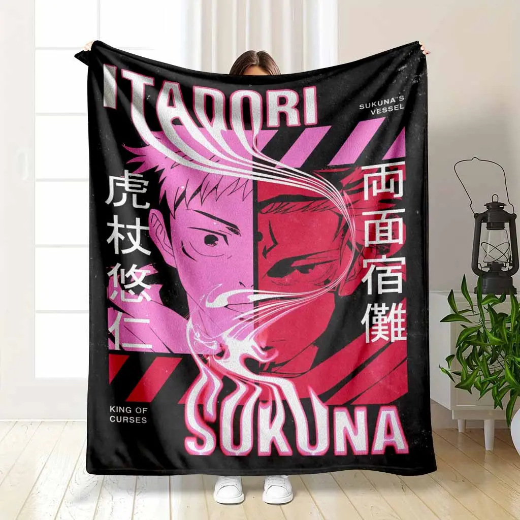 Jujutsu Kaisen Itadori and Sukuna Flannel Blanket Dual Face Split Design Bold Graphic Anime Art Print Soft Warm Cozy Lightweight Throw Ideal for Sofa Bedroom Office Travel Gift Decor Use