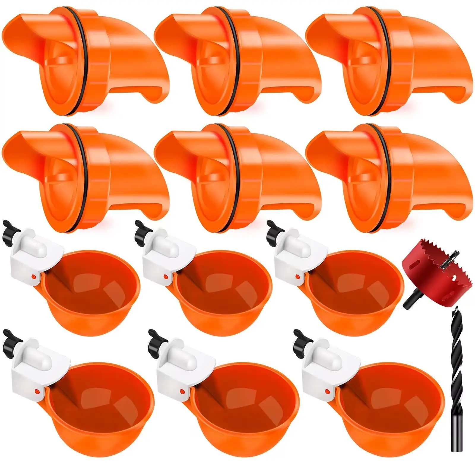 14pcs Automatic No-Waste Chicken & Duck Feeder & Waterer Set - Rainproof Poultry Dispenser Kit with 6 Feeding Ports, 6 Water Cups, DIY Hole Saw Kit, Quick DIY Setup, Outdoor Farm Animal Pet Supplies Feeding Tool, Drill Bit