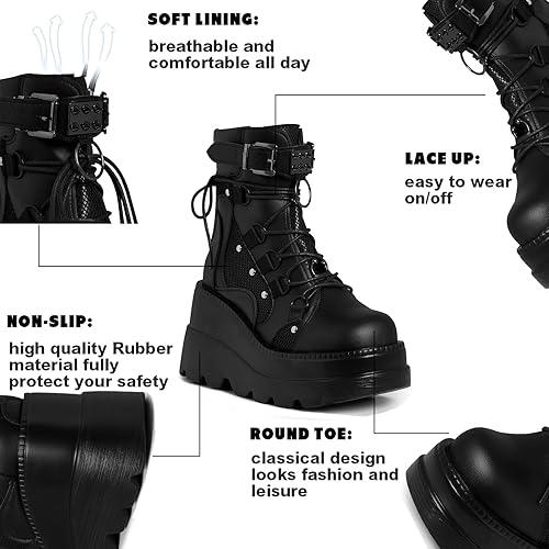 Platform Ankle Boots for Women Chunky High Heel Booties Goth Round Toe Combat Boots Women Lace Up Motorcycle Wedges