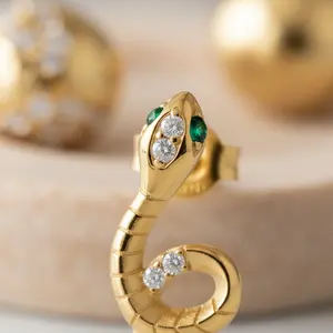 Gold Serpent Stud Earrings for Women | Sterling Silver Snake Earrings with CZ Eyes | Minimalist Edgy Jewelry