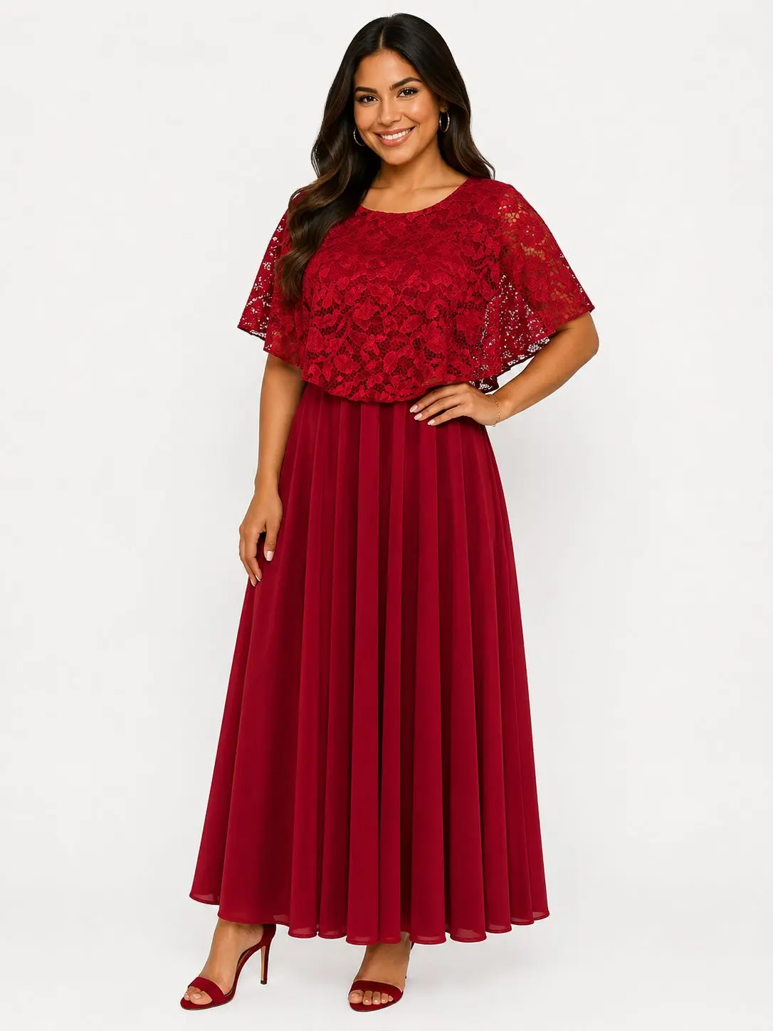 Long Chiffon Gala Dress with Lace Cape