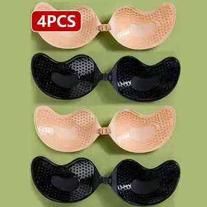4 pairs (2 pairs of apricot and 2 pairs of black) adhesive strapless backless sexy silicone bra with chest flaps for women's invisible bra dress, enhancing and strengthening small chest circumference