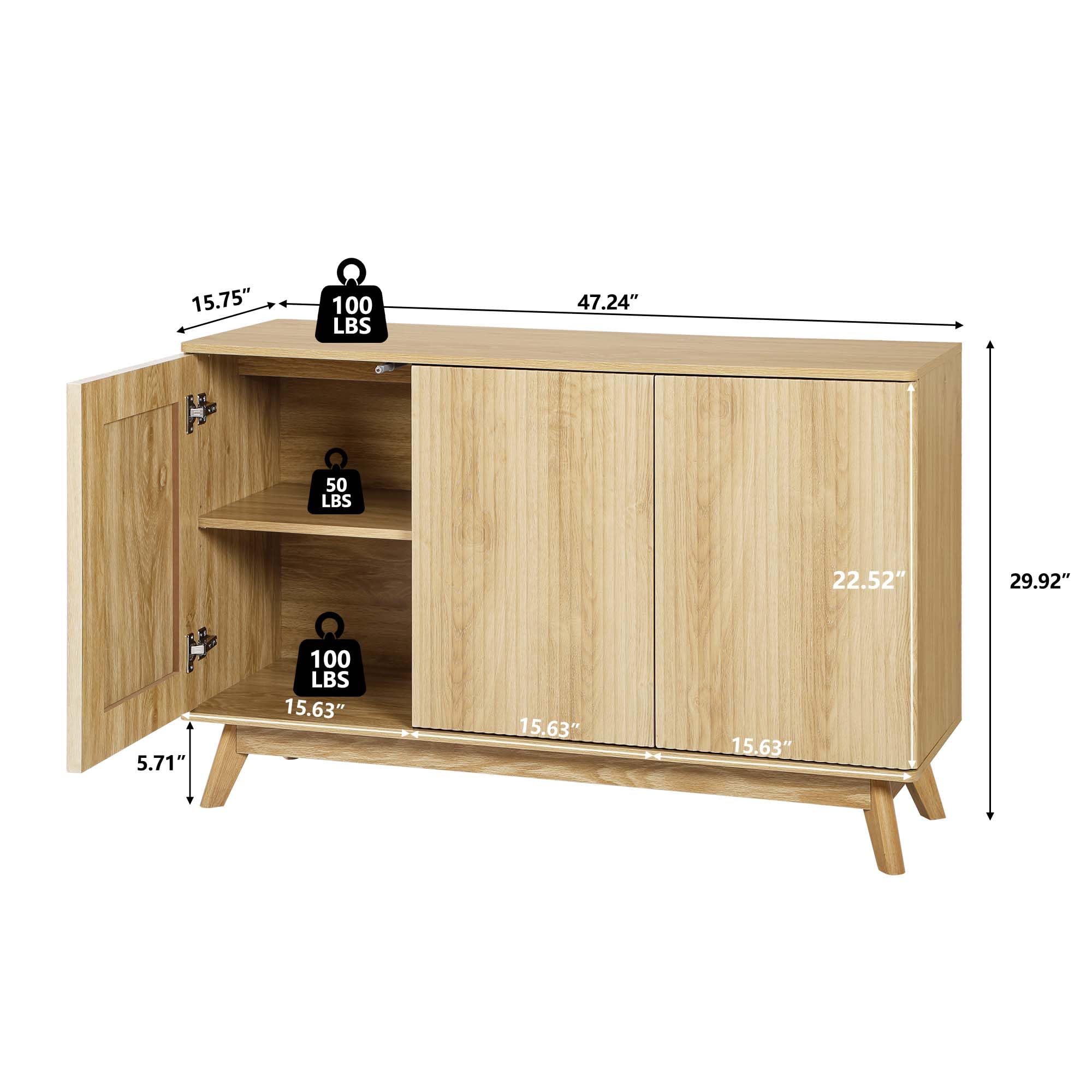 Giratree 2 3 Doors Sideboard Cabinet, Mid Century Farmhouse Fluted Credenza Sideboard Long Buffet Cabinet with Storage for Kitchen, Dining Room Coffee Cabinet, Office, Living Room TV, Entryway Cabinet