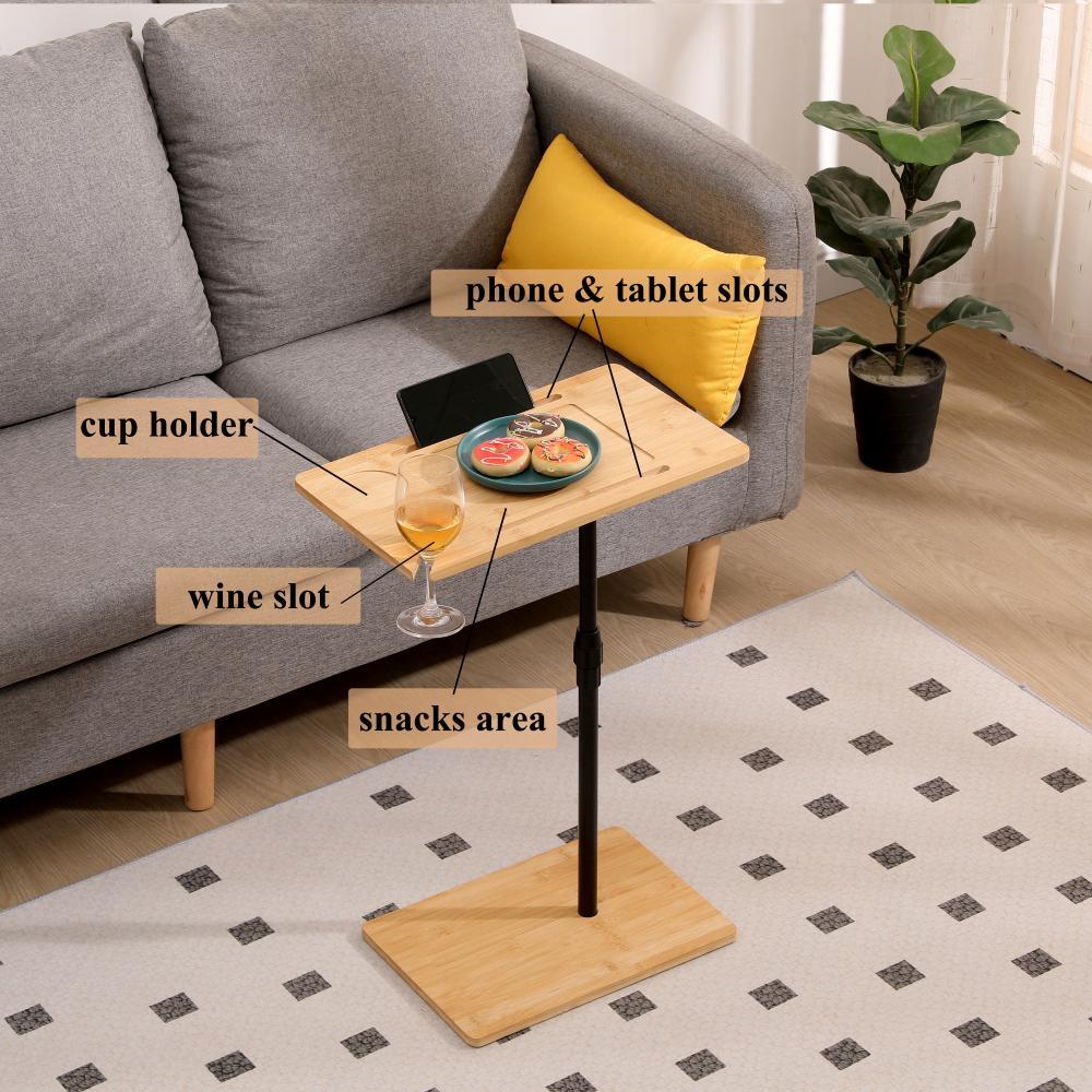 Couch Tray Table Bamboo Height Adjustable Side Table for Sofa C-shaped Oval End Tables with Slots for Bed & Chairs in Living Room & Bedroom