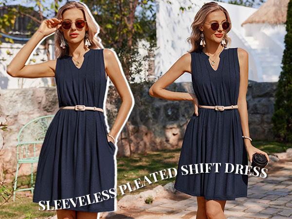 Zeagoo Women's Casual A-Line Dress with Pockets 2026 Sleeveless V Neck Pleated Sundress Loose T-Shirt Work Office Dresses summerwins