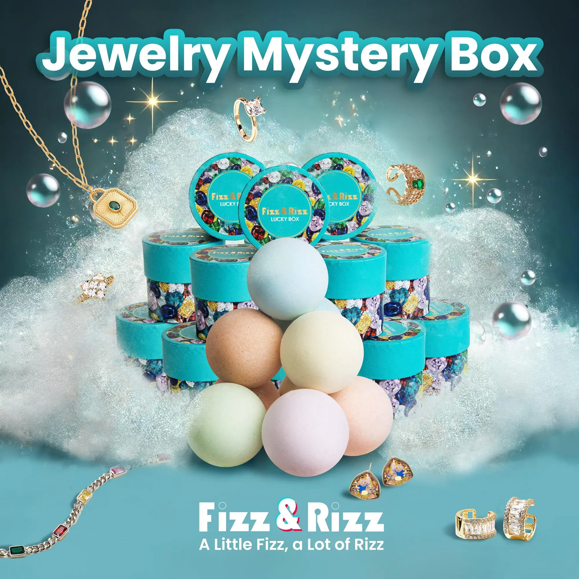 FizzandRizz by Yorkett Jewelry Mystery Box with Random Fine Jewelry Necklace Earrings Bracelet Charm Adjustable Ring Cute Fun Gift for Parties Valentine's Day Mother's Day