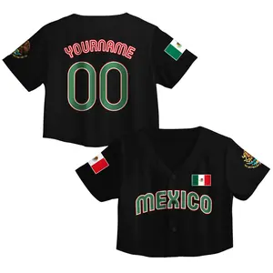 Mexico Baseball Jersey Crop Top – Personalized Name & Number, Black All Over Print Custom Jersey for Women