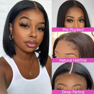 StraightBob Wig Human Hair Wigs for Black Women Short Bob 5x5x1 Glueless HD Lace Front Wigs Human Hair Pre Plucked Bleached Knots with Baby Hair Natural Hairline