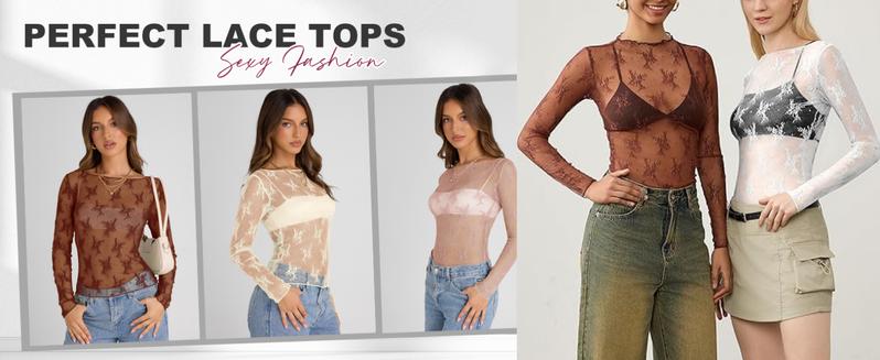 Molitree Lace Tops for Women Mesh Top Long Sleeve Floral Shirts Slim Fitted Outfits See Through Blouses Top