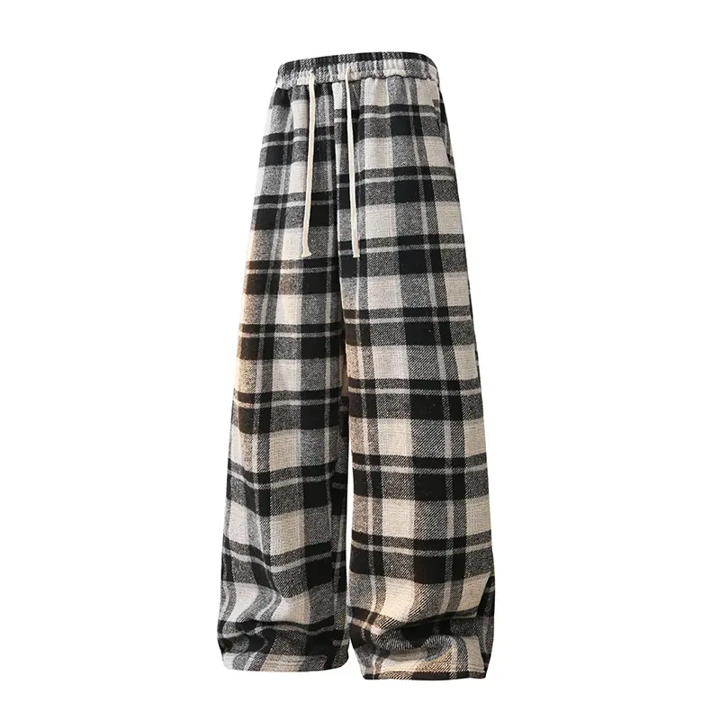 Menswear Plaid Wide-Leg Pants - Unisex Classic Preppy Streetwear Clothing, Vintage Straight-Leg Fleece Thick Warm Casual Relaxed Fit Checked Clothes for Autumn Winter Daily Wear, Baggy Pants