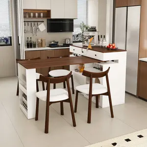Extendable Kitchen Island Set with Rotating Table & 4 Solid Wood Chairs | Expandable Dining Station for Small Spaces with 4 Drawers & Glass Door Cabinets | Convertible Retro Design Table for 2-4 Persons | Walnut Veneer MDF Modern Vintage Kitchen Furniture