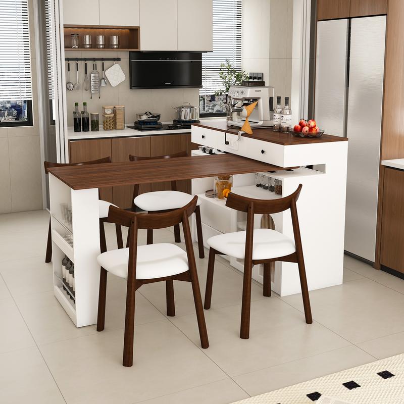 Extendable Kitchen Island Set with Rotating Table & 4 Solid Wood Chairs ...