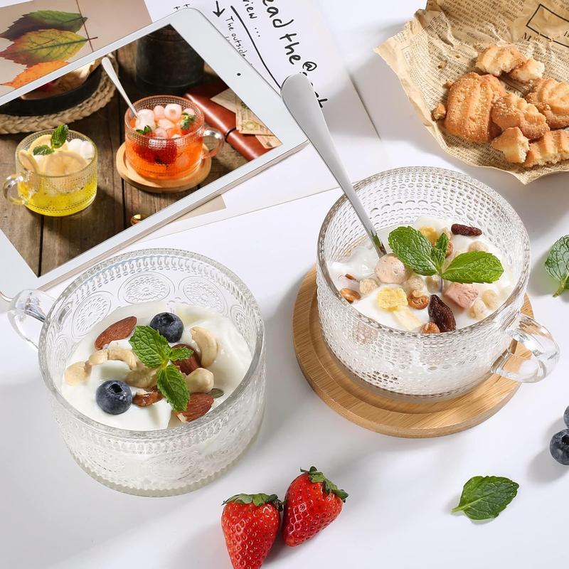 12 Pack 16oz Clear Round Glass Cups with Bamboo Lids Bent Straws Brushes Large Capacity Home Office Beverage Cup Set