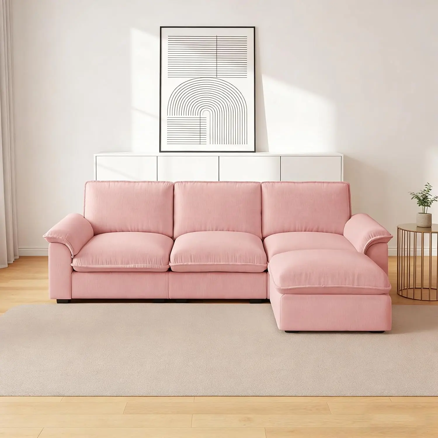 102" Chenille Fabric Modern Cloud Couch with Rolled Arms L-Shaped Modular Sectional Sofa with 3 Seats Double Layer Seat Sofa for Living Room Apartment, Pink